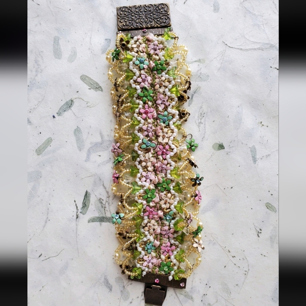 Vintage Estate Michal Negrin Floral Fabric Bracelet Victorian - Picture 4 of 16